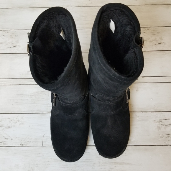 Unr8ted Rim Black Suede Leather Faux Fur Mid Calf Buckle Detail Pull On Boots - Picture 4 of 11